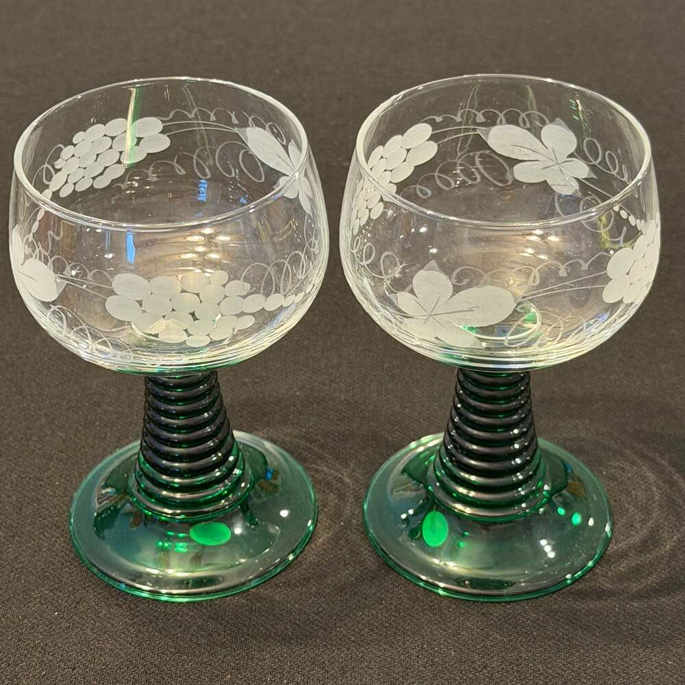 Two Vintage Roemer Cordial Wine Glasses w/ Etched Grapevine Green Beehive Stems